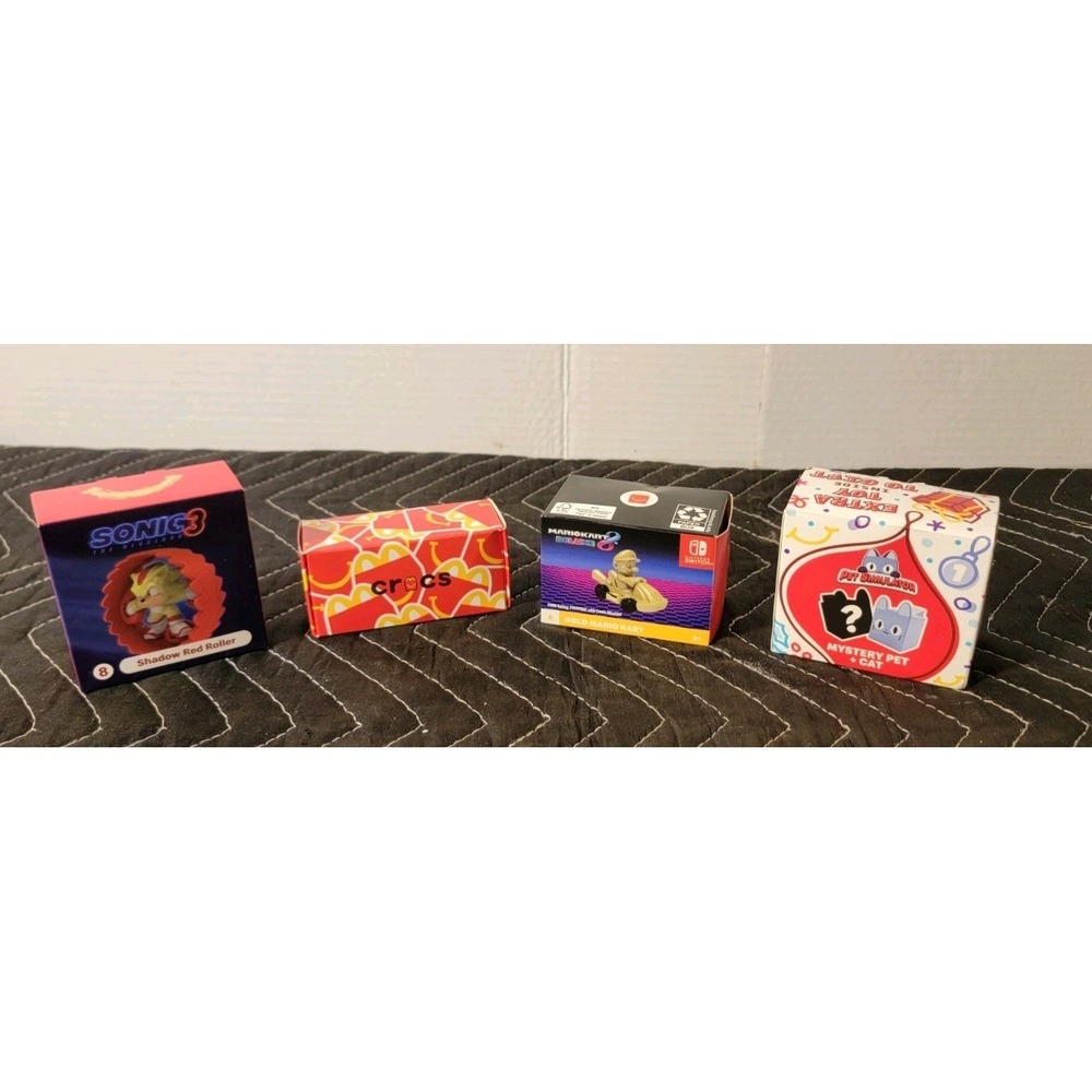 McDonald's Happy Meal Toy Lot (4) Gold Mario Kart, Crocs, Sonic‎ 3, Mystery Cat